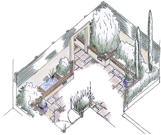 Axonometric drawing of a small courtyard design.